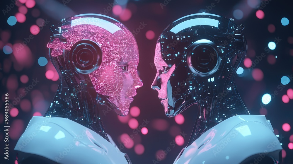 Poster ai robots visualizing data transfer and human interaction, with connections to ai-powered brain and 