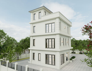 3D Rendering of a modern apartment building exterior in the evening view with lawn grass.