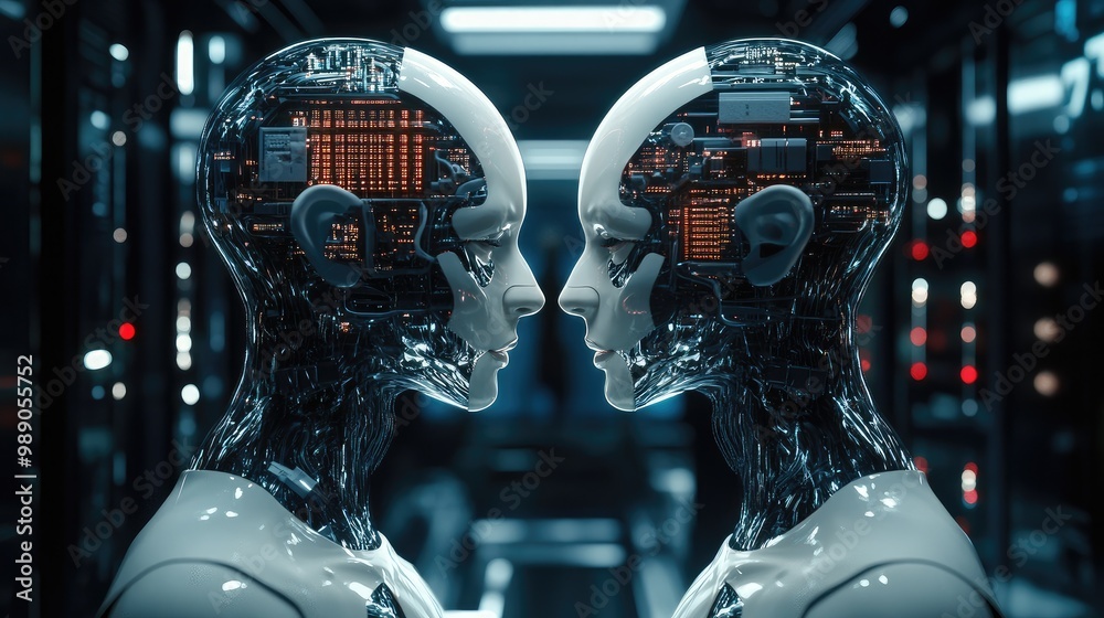 Poster ai robots visualizing the transfer of human data through big data systems, with an emphasis on ai br