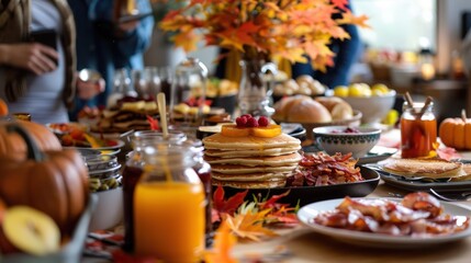 Canadian Thanksgiving Brunch Buffet Table with Pancakes, Bacon, Eggs, Fruit, Fall Accents, and Maple Syrup