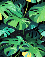 Monstera leaves on dark green seamless wallpaper design pattern