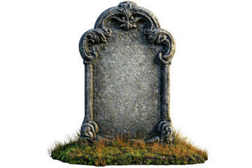 Ornate gravestone on grass, white isolate background transparent background