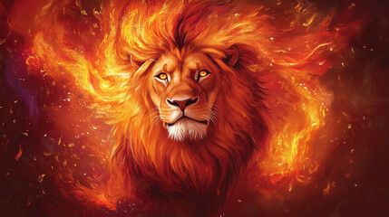 A lion with glowing fire flames on burning background. Brave, Proud concepts.	