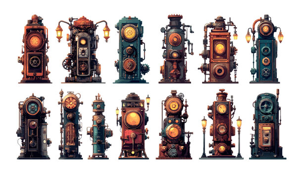 Steampunk steam complex machines cartoon vector set. pipes boilers coal cauldron furnaces geared lamplighters combustion engines chambers retro vintage fantasy mechanisms, isolated illustrations