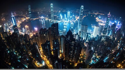 Obraz premium A vibrant city skyline illuminated at night, showcasing modern architecture and urban life.