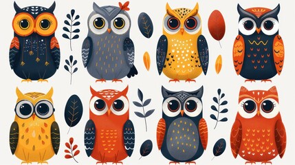 Fototapeta premium Design Pop Color illustrations of Owl wearing a scientist outfit in a white background in various activities ,with bold lines and simple design, placed on a white background 
