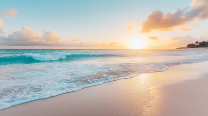 Fototapeta premium a pristine beach at dawn with sea waves with blue sky and sunset.