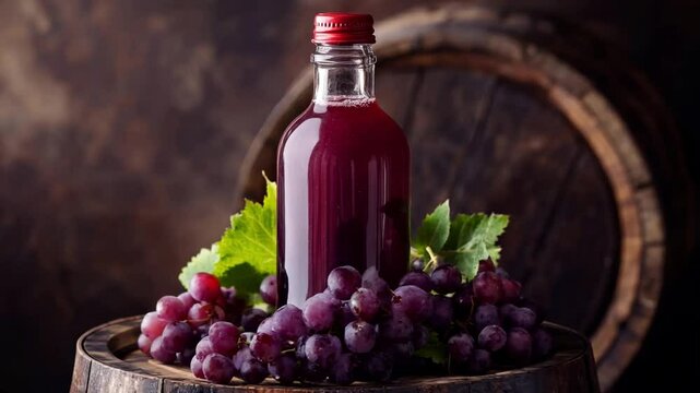 Homemade fresh grape juice displayed on a rustic wooden barrel alongside ripe grapes, showcasing a delightful fruit harvest