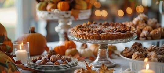 Naklejka premium Thanksgiving Dessert Table with Pumpkin Pie, Apple Crumble, and Spiced Cookies with Autumn Decor