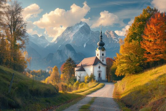 Autumn Landscape. Maria Gern Church with Hochkalter Peak. Fantastic Alps Sunrise in Bavaria