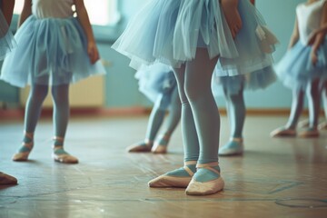 Children wearing pastel tutus and ballet shoes preparing for class, standing together in a dance studio.