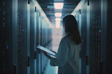 A female technician reviews data on a tablet while standing in a blue-illuminated server room, surrounded by glowing server racks.