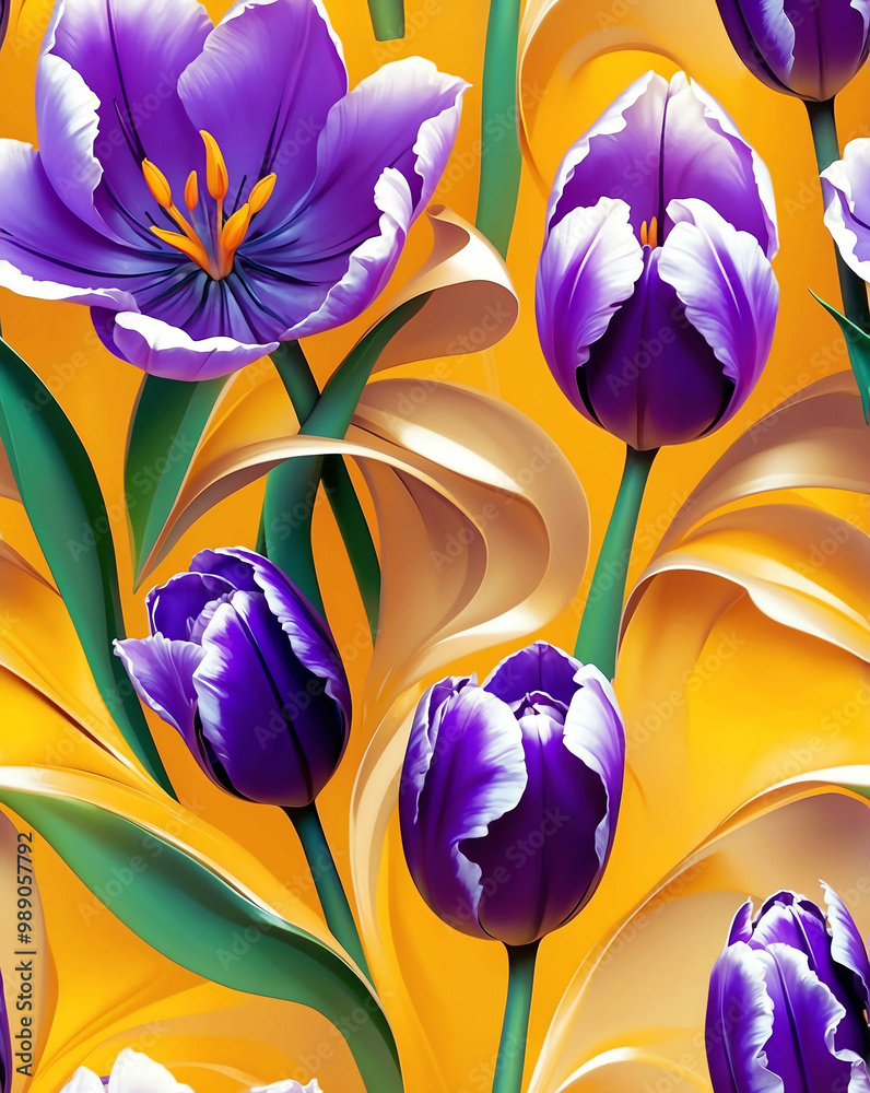 Poster Purple tulips on gold backgrounds seamless design wallpaper pattern