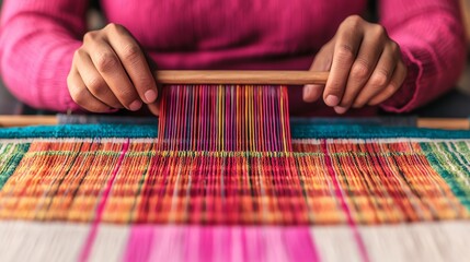Hands weaving colorful threads on a loom, showcasing intricate textile craftsmanship.