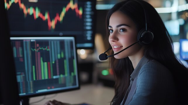 Young woman analyst working at a trading desk surrounded by financial charts and monitors during evening hours in a modern office