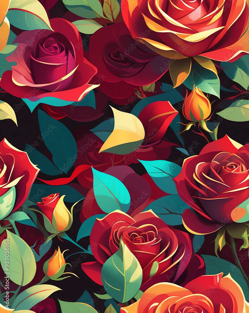 Poster Red roses with subtle gold accents seamless pattern wallpaper design