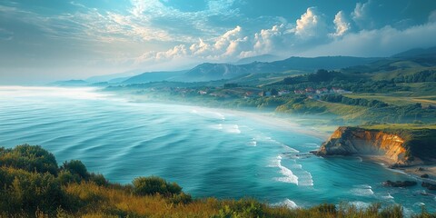 Serene Coastal Town With Gentle Waves and Lush Hills