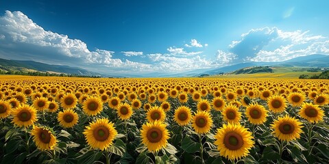Obraz premium Vibrant Sunflower Field Under Bright Blue Sky