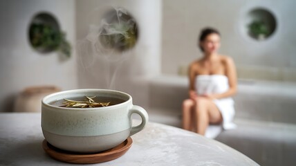 A cup of steaming herbal tea sits on a table in a spa setting, with a woman wrapped in a towel relaxing in the background.