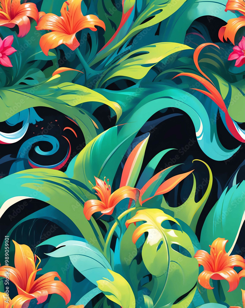 Canvas Prints Tropical jungle vines and abstract waves seamless design wallpaper pattern