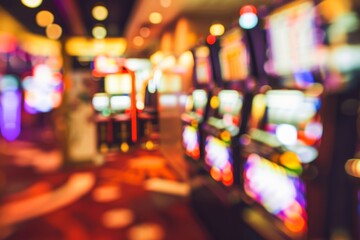 Rows of digital slot machines shimmer in a blur of colors, inviting players to indulge in games of chance in a lively gambling club, where fortunes can change at any moment.