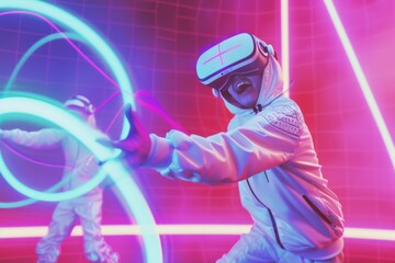 A teenager joyfully engages in a dynamic VR sport game, surrounded by vivid neon colors and futuristic elements, fully immersed in the exhilarating metaverse experience.