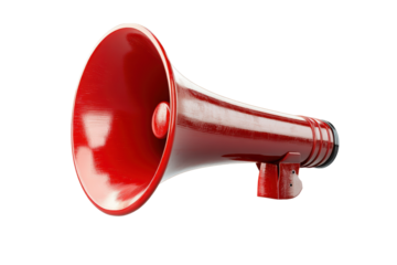 Red megaphone on white isolated background, symbolizing communication and announcement. transparent background