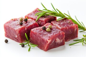 Raw beef cubes seasoned with peppercorns and garnished with fresh rosemary. - Powered by Adobe