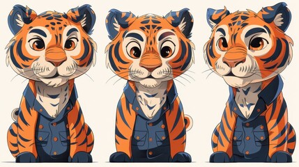 Design Pop Color illustrations of Tiger wearing a police officer outfit in a white background in various activities ,with bold lines and simple design, placed on a white background 