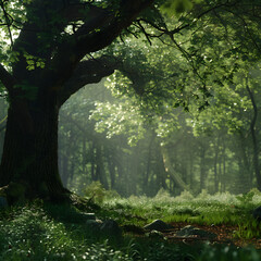 Naklejka premium Forest with Lush Green Undergrowth - Peaceful Woodland Landscape