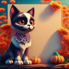 Colorful Day of the Dead cute cat figurine art invitation card