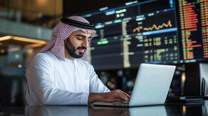 A professional man in traditional attire working on a laptop in a modern office with financial data displayed on large screens