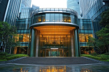 Fototapeta premium Modern Glass Building Entrance with Stone Steps and Reflecting Water