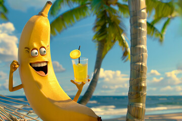 Cute cartoon banana in a hammock under palm trees on a tropical island.