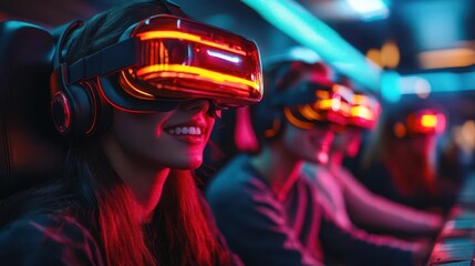 exhilarating virtual reality roller coaster experience a family wearing vr headsets reacts with excitement as they navigate a neonlit futuristic cityscape track