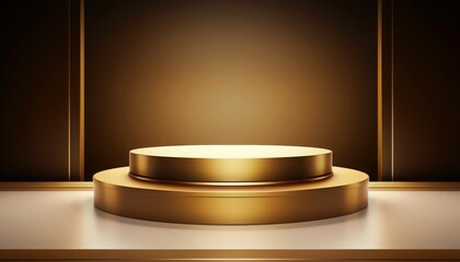 Obraz premium A gold podium with three tiers. The podium is set on a dark floor. Generative AI