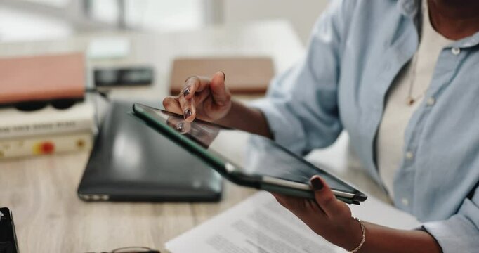 Woman, hand and online with tablet in office for creative research, planning or communication. Small business, entrepreneur and scroll with tech for affiliate marketing, software or update of website