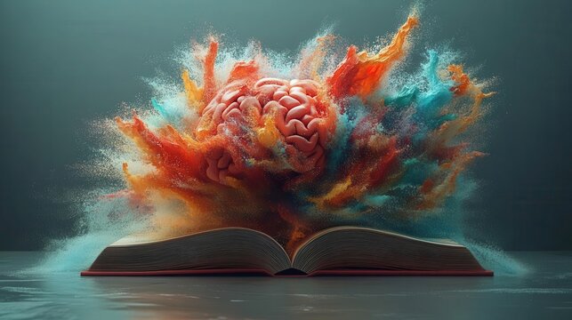 exploding 3d rendering of a book transforming into a colorful brain abstract splashes of vibrant hues represent knowledge creativity and cognitive processes bursting forth from literature