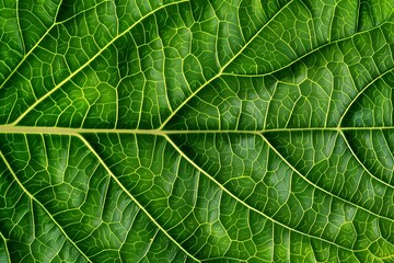 Obraz premium Close-up view of a green leaf showcasing intricate vein patterns and rich textures.
