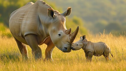Obraz premium A mother rhinoceros and her calf interact in a sunlit grassland.