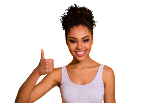 Close up photo beautiful funny pretty she her dark skin lady thumb up symbol recommend buy buyer new tested product show white perfect teeth wear casual tank-top isolated vivid yellow background