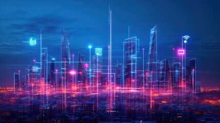 Fototapeta premium Futuristic cityscape with digital elements and vibrant neon lights.