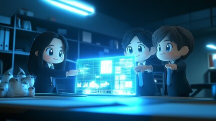 A group of animated businesspeople analyze data on a glowing screen.