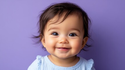 Naklejka premium Happy Infant with Mischievous Smile on Purple Background
