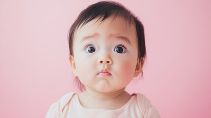 Naklejka premium Baby with a Confused Expression on Pink Background