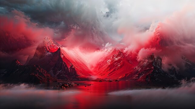 Vivid red mountain range under heavy clouds with mist rolling over a still lake in a dramatic landscape.