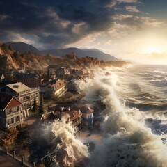 Fototapeta premium A coastal town threatened by a landslide waves crashing in the background.generetive ai illustration