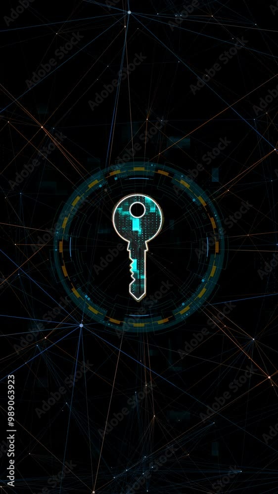 Poster motion graphic of blue digital security key logo with circle futuristic hud elements and orange line