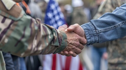 Veterans Day Ceremony: Officials and Veterans Shaking Hands with American Flag in Background
