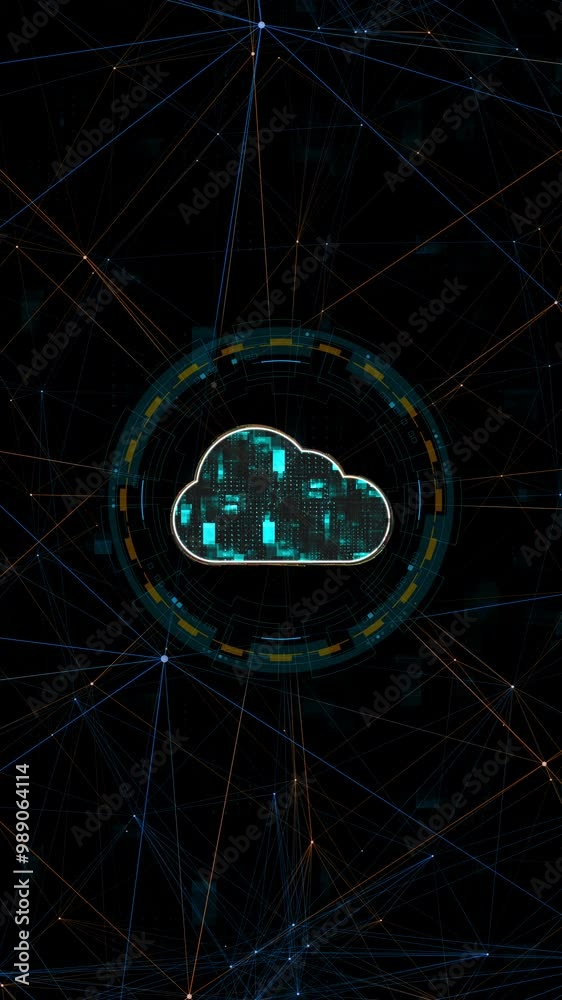 Poster motion graphic of blue digital cloud computing logo with circle futuristic hud elements and orange l